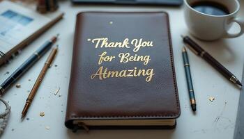 Notebook with Appreciation Message on Desk with Pens and Coffee photo
