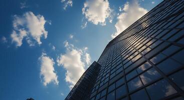 Looking Up at Skyscraper Reflecting Sky with Clouds photo