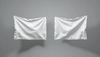Two White Cloth Banners Hanging on Gray Wall Mockup Display photo