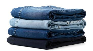 Stack of Folded Jeans in Various Blue Shades on White photo