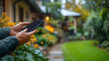 Man using smartphone in garden photo