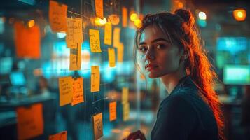 A woman looking at sticky notes on a wall photo
