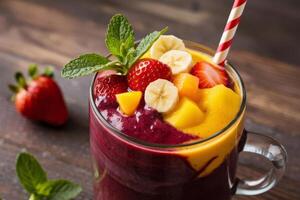 Closeup mixed fruit smoothie glass photo
