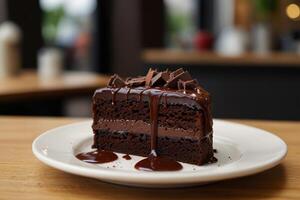 Chocolate cake on white plate at the cafe photo