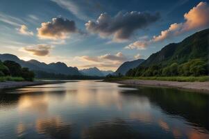 Mountain and river in the national park with beautiful sky photo
