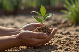 hand holding small tree for planting. concept environment green world earth day photo