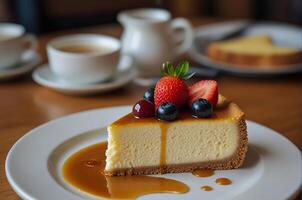 Cheese cake with caramel syrup at the cafe photo