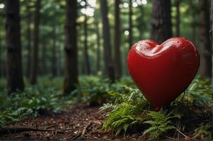 Red heart balloon in the forrest. concept green environment photo