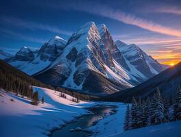 Snow mountain and river in sunrise time photo