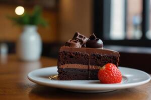 Chocolate cake with fresh raspberry on white plate at the cafe photo