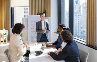 Caucasian woman sale manager showing annual report chart to her colleagues in the executive meeting for next year plan with market share increase for global business and investment photo