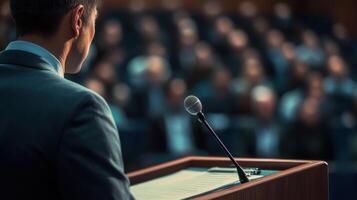 Rear view of speaker at podium with microphone addressing audience at business conference or corporate event in auditorium photo