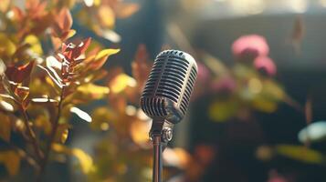 Classic retro microphone against colorful bokeh background with flowers and leaves photo