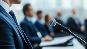 Professional at a business conference or seminar with microphone in foreground and blurred audience in background photo