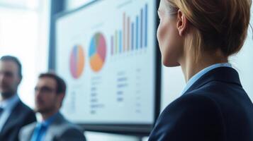 Side view of businessperson looking at colorful data visualization with pie charts and bar graphs on large screen during corporate presentation photo