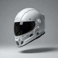 Futuristic White Motorcycle Helmet with Dark Visor Floating on Gray Background photo