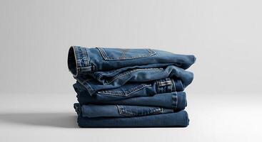 Stack of Denim Jeans Folded on White Background photo