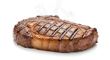 Grilled Beef Steak Cut with Grill Marks on White Background photo