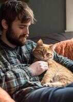 man petting cat on sofa, calm atmosphere, pet love photo