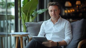 man relaxing with tablet and notebook at modern cafe, stylish outfit, natural lighting from large window, photo