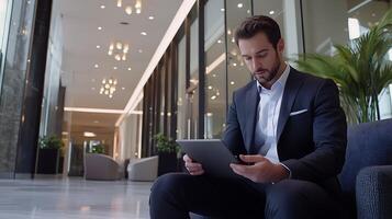 recruiter scanning job applications digitally on tablet while seated in lobby modern design photo