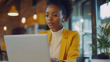 focused woman creating presentation slides on laptop, charts and graphs on screen, creative indoor setup, photo