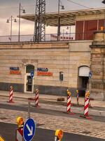 Roadworks showing detour at dresden train station in germany photo