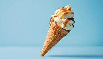 A tempting ice cream cone is adorned with creamy soft serve and a rich caramel drizzle, set against a soft blue background. photo