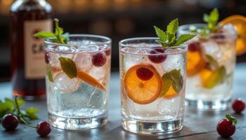 Trio of elegant, transparent glasses filled with refreshing cocktails garnished with fruit and mint on a dark table, perfect for social gatherings, parties, or beverage marketing. photo