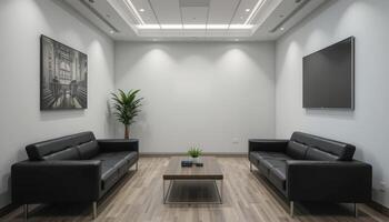 Minimalist modern conference room with black leather sofas, a coffee table, large artwork on the wall, and minimal decor creating a professional, clean, and welcoming environment. photo