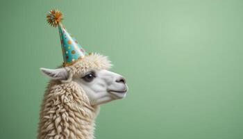 A white alpaca dons a stylish party hat, presenting a charming and festive appearance suitable for celebrations. photo