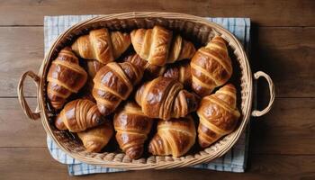 An array of golden-brown croissants stacked in a wicker basket, highlighting their flaky, crispy texture, delicious aroma, and appeal, ideal for bakery, food, or culinary themes. photo