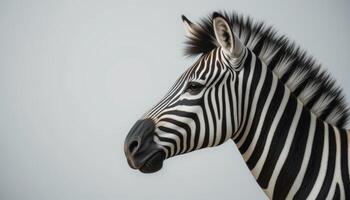 A close-up profile of a zebra showcases its unique black and white stripes, highlighting its facial features and texture against a light background. photo