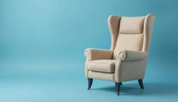 Comfortable beige armchair with high back and winged sides, ideal for reading nooks, living rooms, or creating a cozy, inviting space in interior decoration. photo