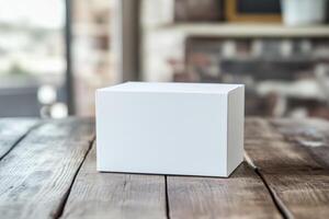A white cube sitting on a wooden table photo