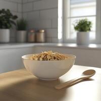 A bowl of cereal sits on a table in front of a window photo