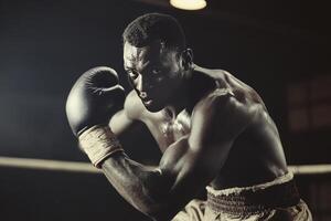 A man in boxing gloves is posing in a dark room photo