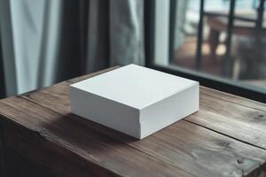 White box mockup on wooden table with window photo