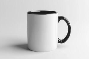 A white and black mug on a white surface photo