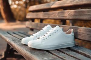 White sneakers on a bench in the park photo