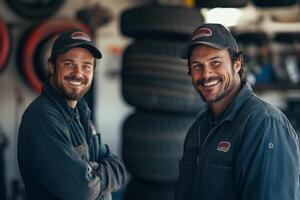 Close up portrait of tire service workers smiling and engaging in a busy workshop environment photo
