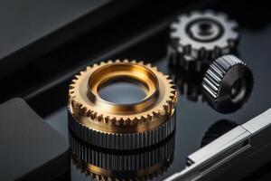 Exploring precision in watchmaking through intricate gears and a magnifying loupe photo