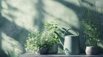 Ceramic pots with green plants and a watering can sit on a wooden table by a soft lit wall in a serene indoor setting photo