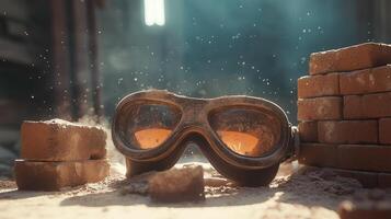 Brick samples and protective goggles create a raw construction environment with dust and sunlight filtering through an industrial space photo