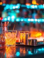 Glowing shaker bitters and garnish tray set against vibrant bar backdrop during evening festivities photo