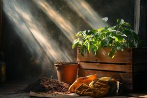 Gardening tools and pots with soil in a wooden crate illuminated by sunlight in an indoor setting photo
