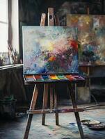 Vibrant brush set and color palette rest on easel ready for creation in an artist studio filled with creativity and inspiration photo