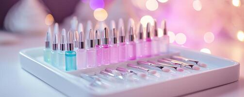 Manicure tools and nail polish arranged on a clean white tray in a well lit salon with a soft background glow photo