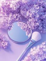 Salon mirror and brushes arranged beautifully with lilac flowers creating a serene space for beauty routines photo