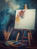 Brush set arranged with a palette and a blank canvas on an easel against a vibrantly colored backdrop in a creative workspace photo